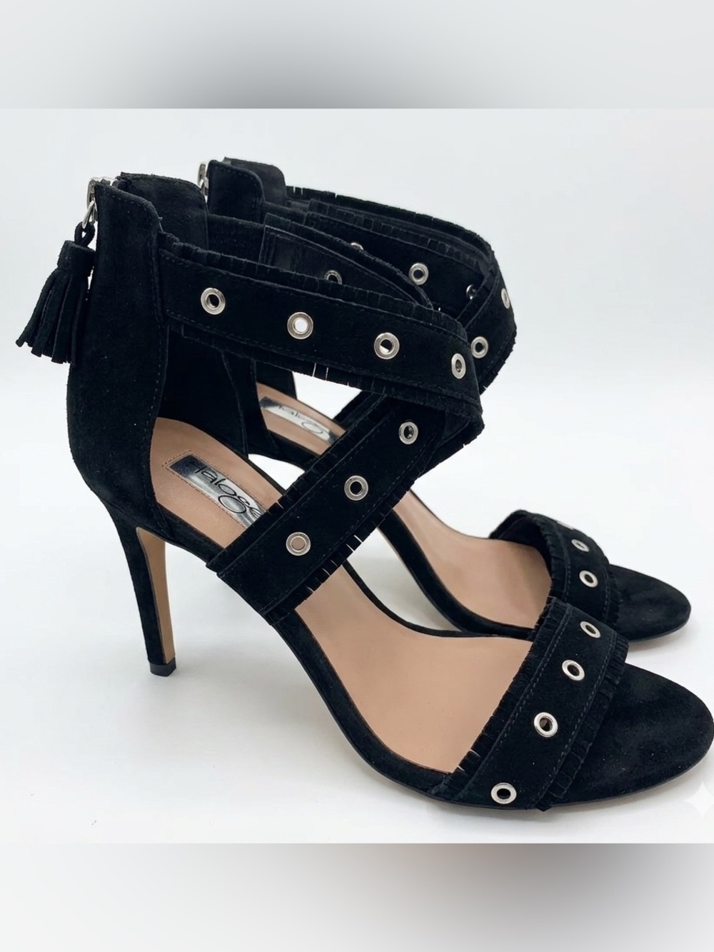 Halogen Amelia Grommet Suede Strappy Heels - Black, Sz 8 EUC